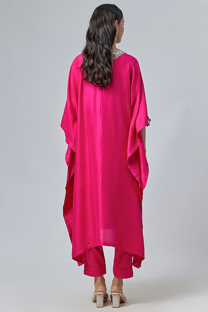 Fuchsia Pink Silk Dori Embroidered Kaftan Set by Prisho at Pernia's Pop Up Shop