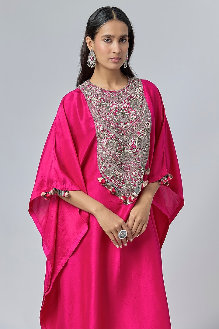 Fuchsia Pink Silk Dori Embroidered Kaftan Set by Prisho at Pernia's Pop Up Shop