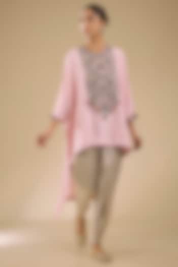 Flamingo Pink Silk Dori Work High-Low Kaftan Set by Prisho at Pernia's Pop Up Shop