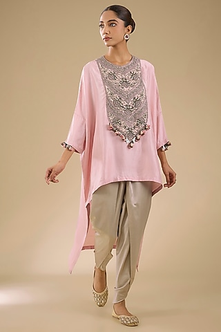 Flamingo Pink Silk Dori Work High-Low Kaftan Set by Prisho