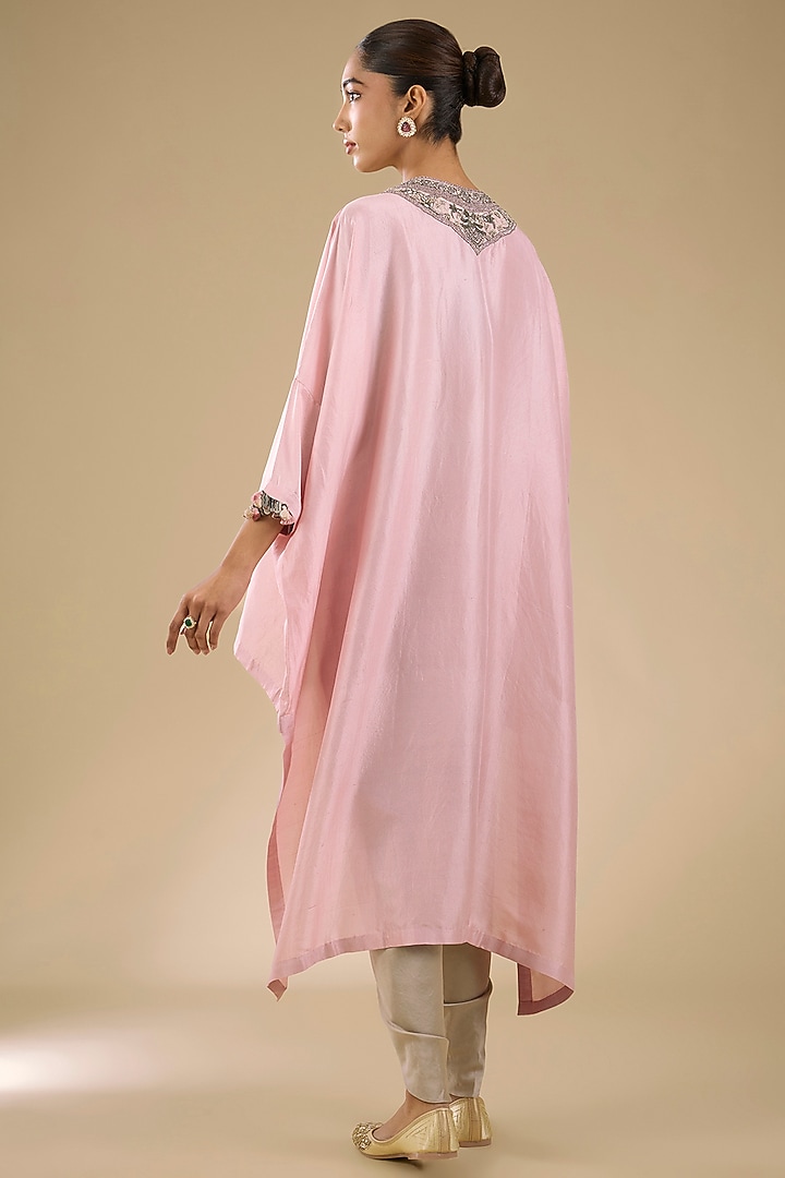 Flamingo Pink Silk Dori Work High-Low Kaftan Set by Prisho at Pernia's Pop Up Shop