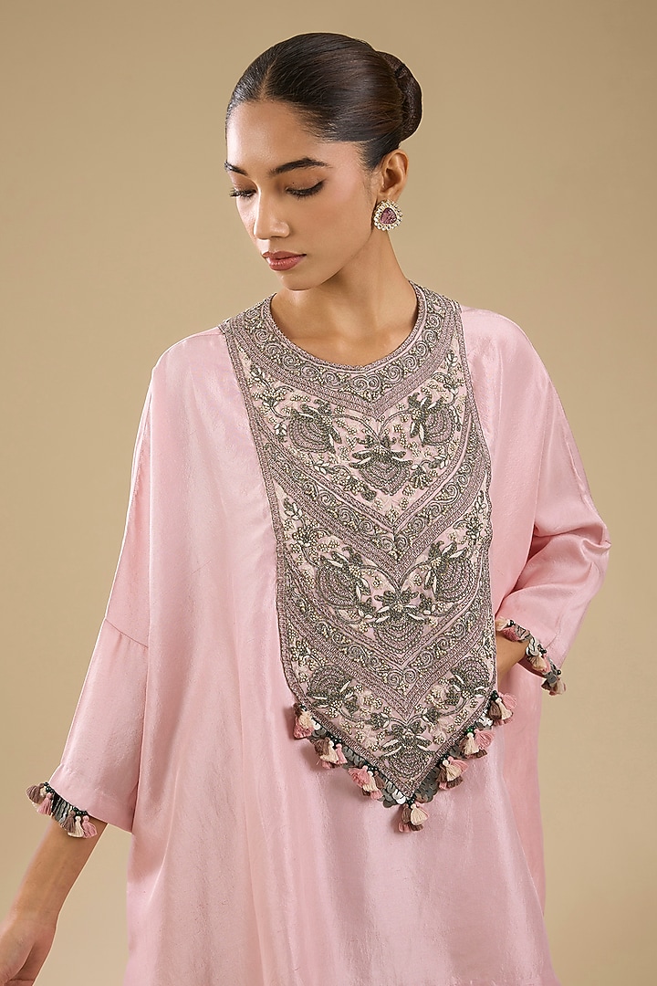 Flamingo Pink Silk Dori Work High-Low Kaftan Set by Prisho at Pernia's Pop Up Shop