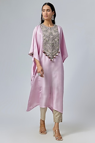 Lavender Silk Dori Embroidered Kaftan Set by Prisho