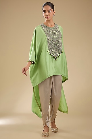 Sea Green Silk Dori Work High-Low Kaftan Set by Prisho