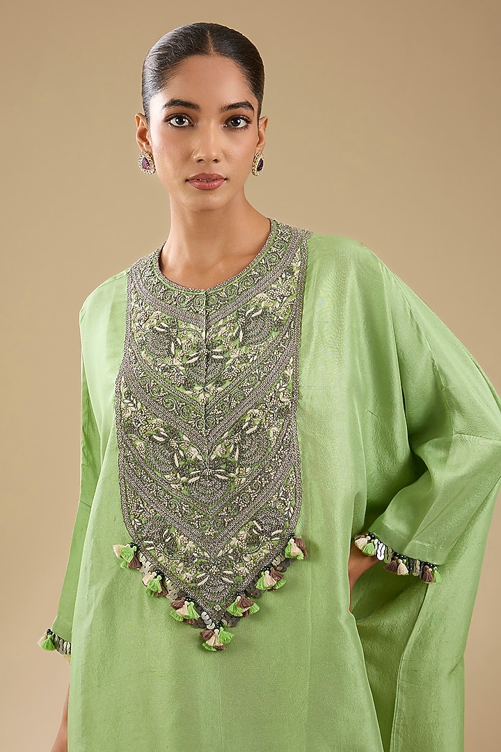 Sea Green Silk Dori Work High-Low Kaftan Set by Prisho at Pernia's Pop Up Shop