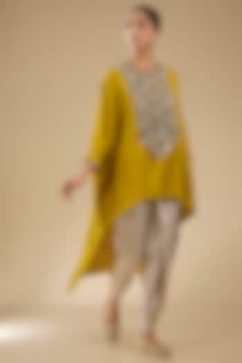 Mustard Silk Dori Work High-Low Kaftan Set by Prisho at Pernia's Pop Up Shop