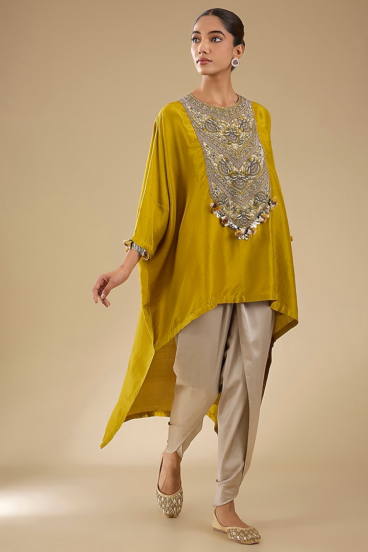 Mustard Silk Dori Work High-Low Kaftan Set by Prisho at Pernia's Pop Up Shop