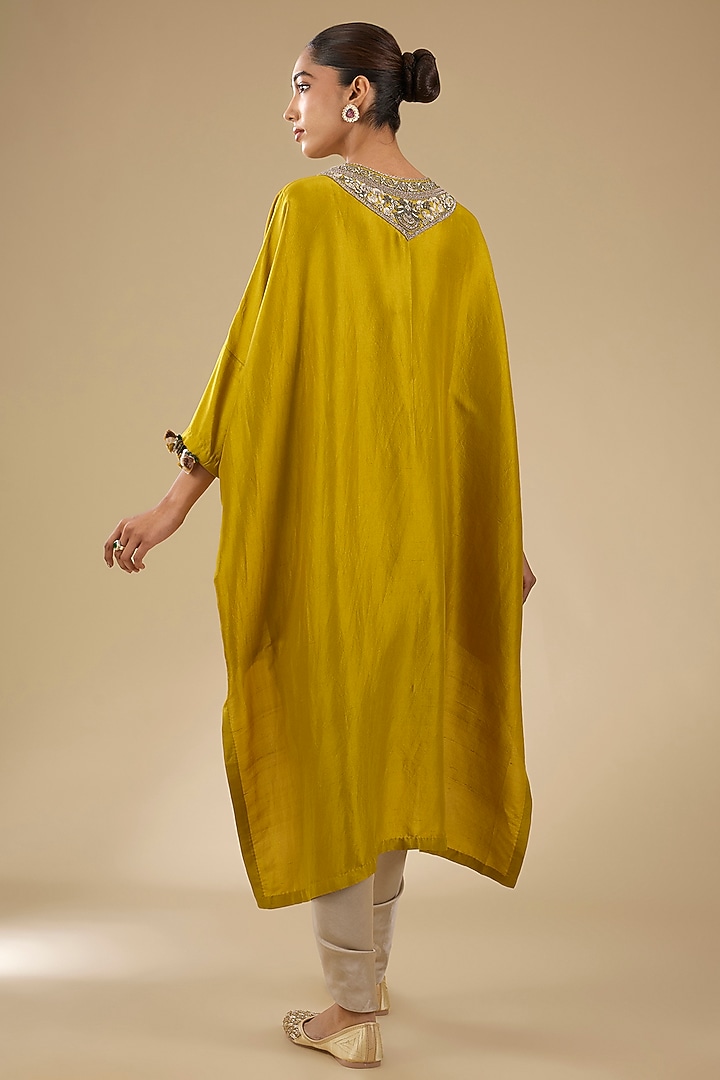Mustard Silk Dori Work High-Low Kaftan Set by Prisho at Pernia's Pop Up Shop