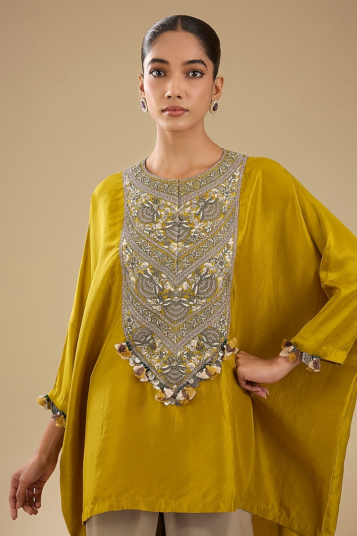 Mustard Silk Dori Work High-Low Kaftan Set by Prisho at Pernia's Pop Up Shop