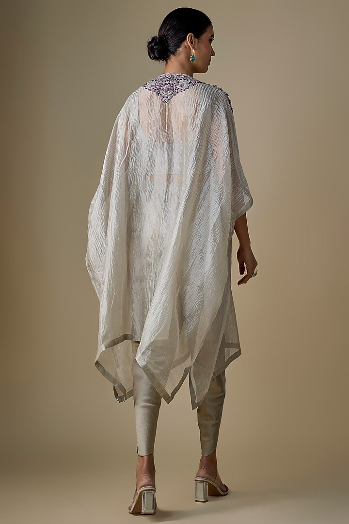 Silver Crushed Tissue Thread Work Kaftan Set by Prisho at Pernia's Pop Up Shop