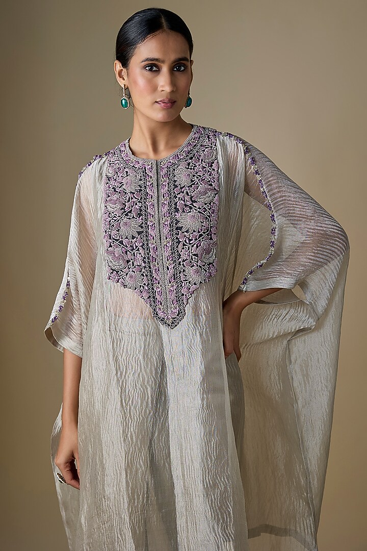 Silver Crushed Tissue Thread Work Kaftan Set by Prisho at Pernia's Pop Up Shop