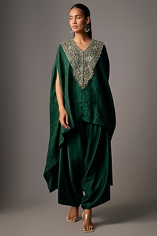 Emerald Green Crushed Silk Thread Work Kaftan Set by Prisho