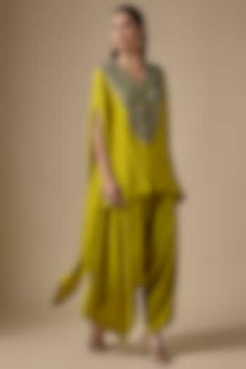 Lime Green Crushed Silk Thread Work Kaftan Set by Prisho at Pernia's Pop Up Shop