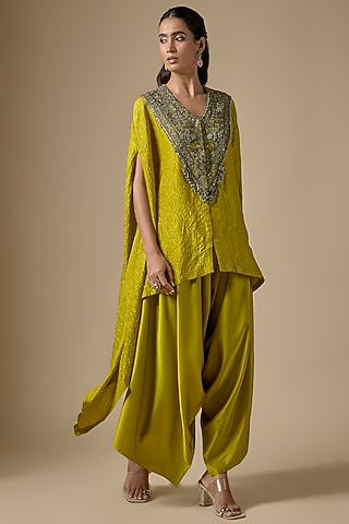 Lime Green Crushed Silk Thread Work Kaftan Set by Prisho