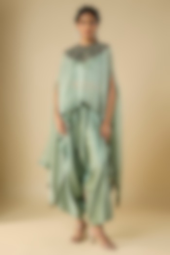 Aqua Tissue Thread Work A-Line Kaftan Set by Prisho at Pernia's Pop Up Shop