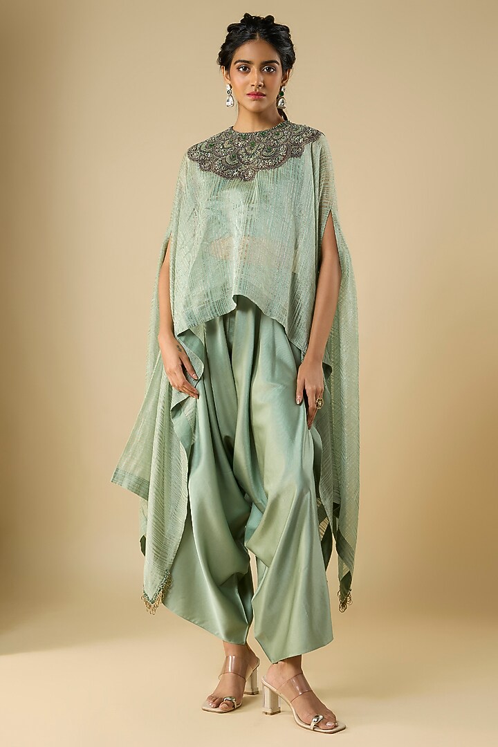Aqua Tissue Thread Work A-Line Kaftan Set by Prisho at Pernia's Pop Up Shop