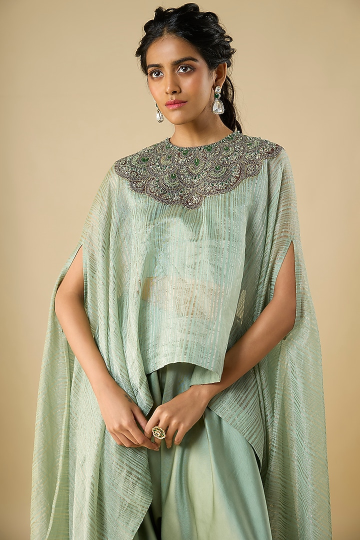 Aqua Tissue Thread Work A-Line Kaftan Set by Prisho at Pernia's Pop Up Shop