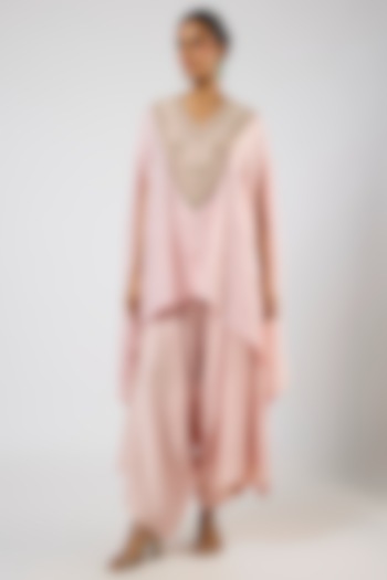 Flamingo Pink Crushed Silk Moti Embroidered Kaftan Set by Prisho at Pernia's Pop Up Shop