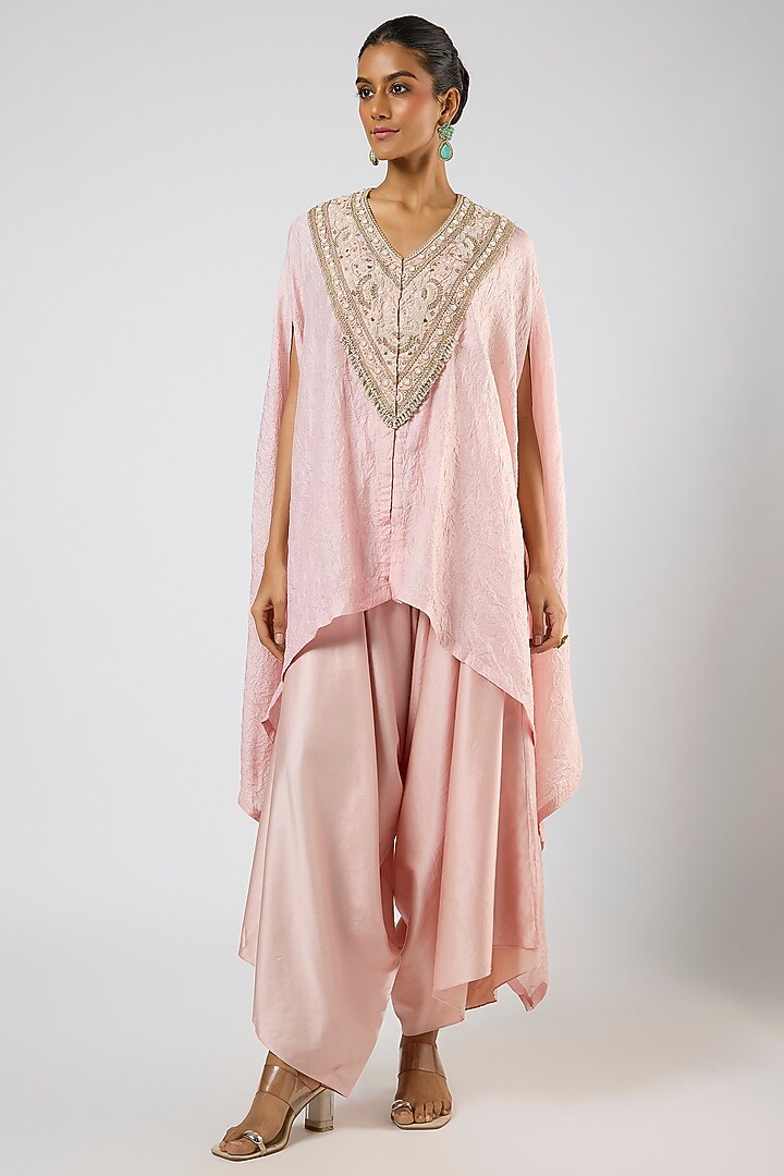 Flamingo Pink Crushed Silk Moti Embroidered Kaftan Set by Prisho at Pernia's Pop Up Shop