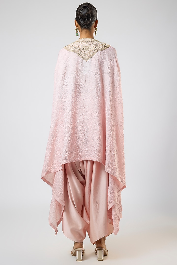 Flamingo Pink Crushed Silk Moti Embroidered Kaftan Set by Prisho at Pernia's Pop Up Shop