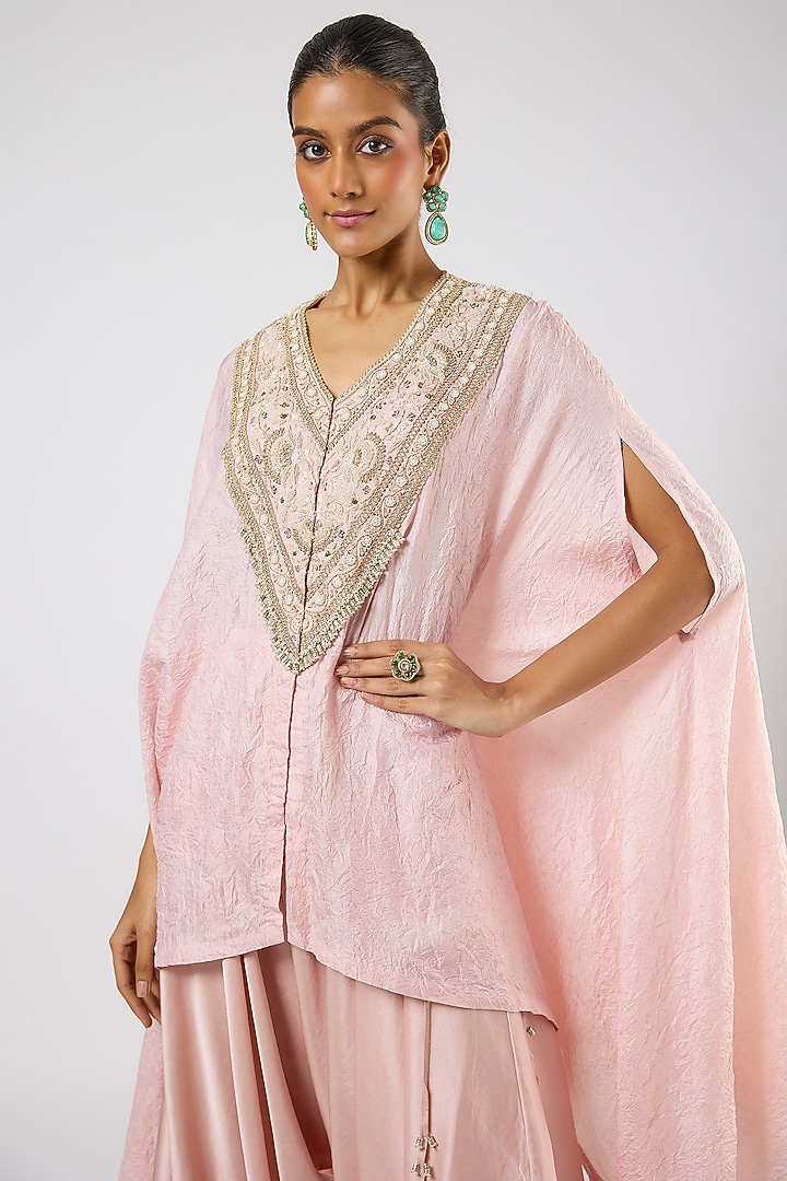 Flamingo Pink Crushed Silk Moti Embroidered Kaftan Set by Prisho at Pernia's Pop Up Shop