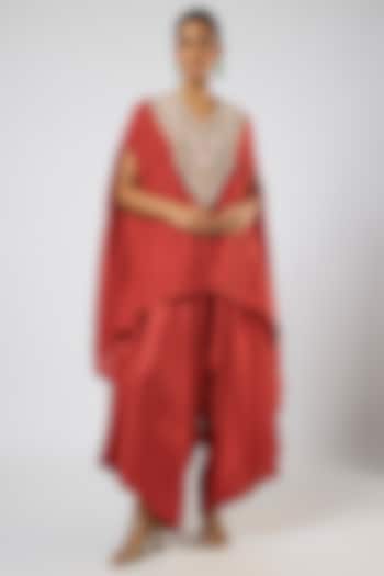 Deep Orange Crushed Silk Moti Embroidered Kaftan Set by Prisho at Pernia's Pop Up Shop