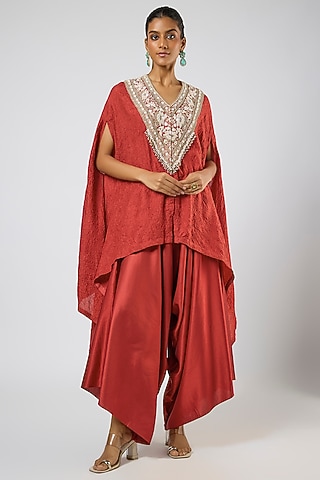 Deep Orange Crushed Silk Moti Embroidered Kaftan Set by Prisho