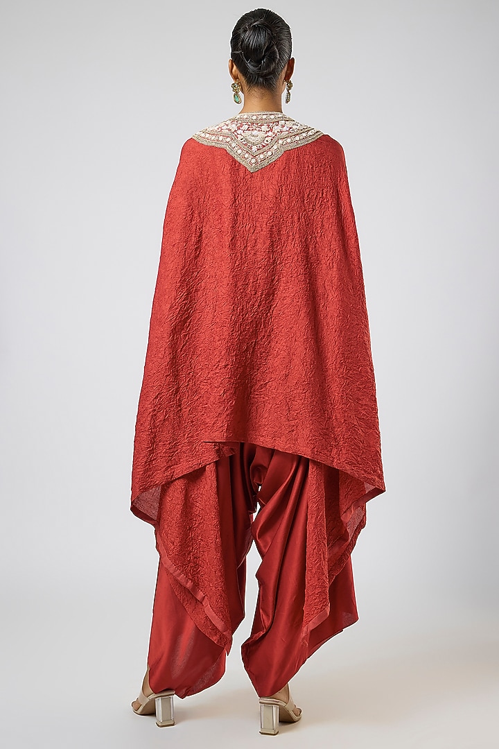 Deep Orange Crushed Silk Moti Embroidered Kaftan Set by Prisho at Pernia's Pop Up Shop