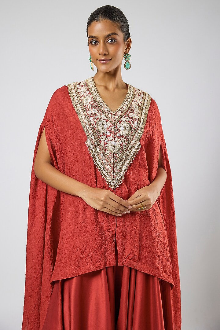 Deep Orange Crushed Silk Moti Embroidered Kaftan Set by Prisho at Pernia's Pop Up Shop
