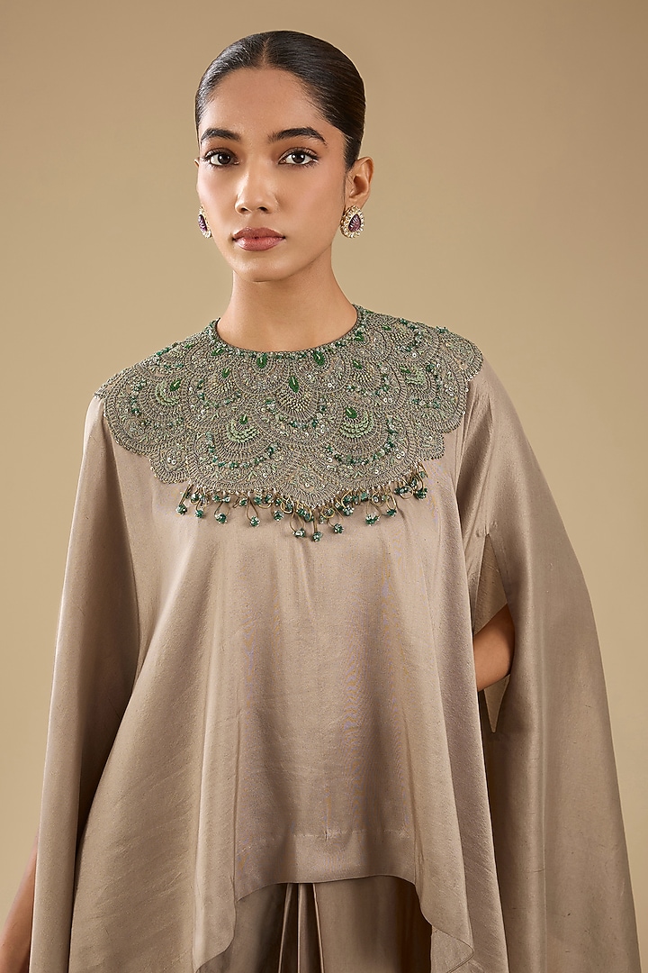 Champagne Silk Thread Work Kaftan Set by Prisho at Pernia's Pop Up Shop