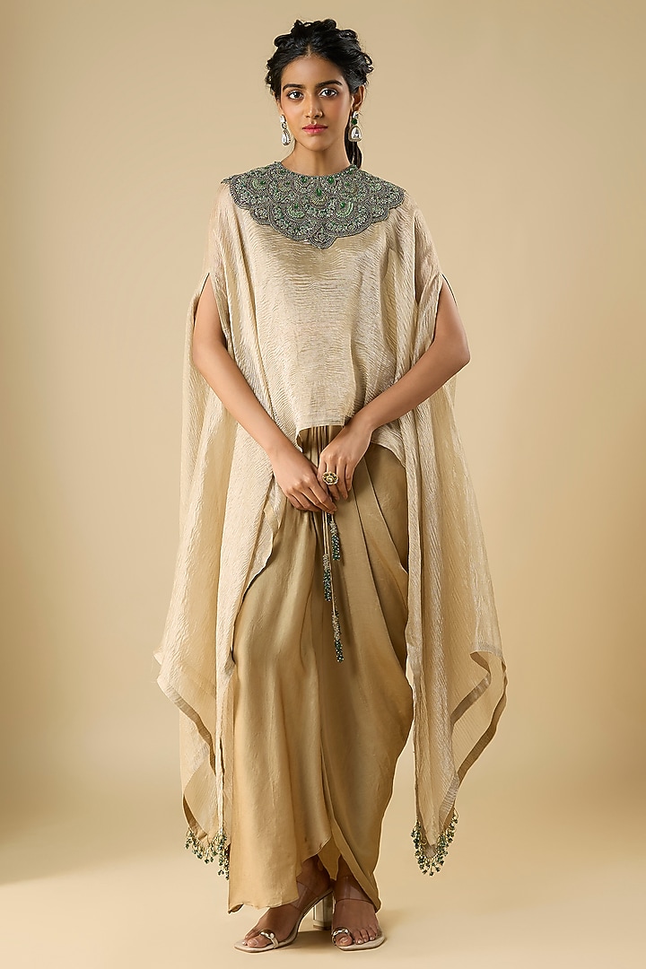 Champagne Tissue Thread Work Kaftan Set by Prisho at Pernia's Pop Up Shop