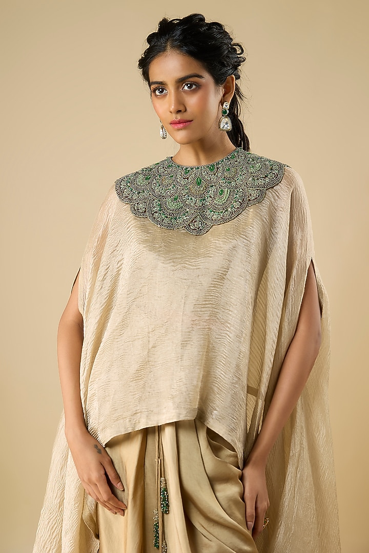 Champagne Tissue Thread Work Kaftan Set by Prisho at Pernia's Pop Up Shop