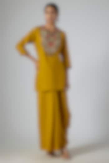 Mustard Crushed Silk Thread Embroidered Kurta Set by Prisho at Pernia's Pop Up Shop