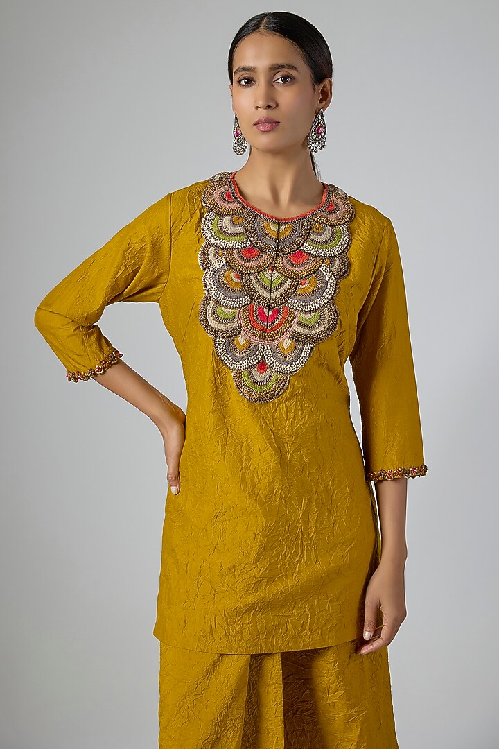 Mustard Crushed Silk Thread Embroidered Kurta Set by Prisho at Pernia's Pop Up Shop