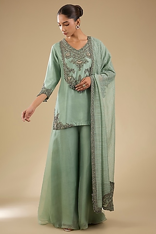 Aqua Silk Thread Work Sharara Set by Prisho