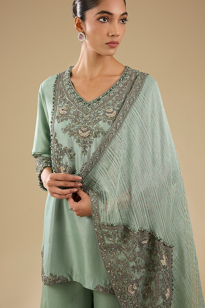 Aqua Silk Thread Work Wedding Sharara Set by Prisho at Pernia's Pop Up Shop