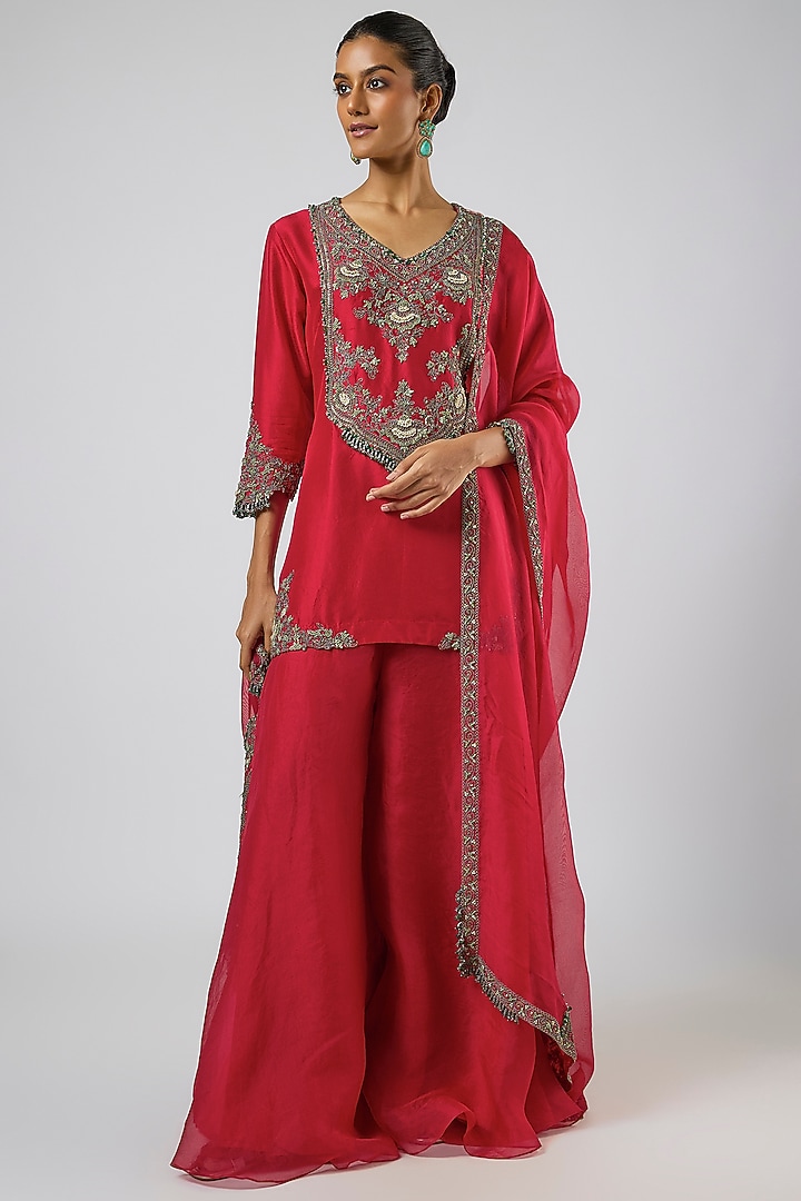 Red Organza Wedding Sharara Set by Prisho at Pernia's Pop Up Shop