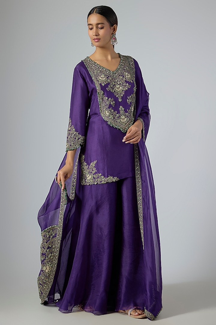 Dark Purple Organza Wedding Sharara Set by Prisho at Pernia's Pop Up Shop