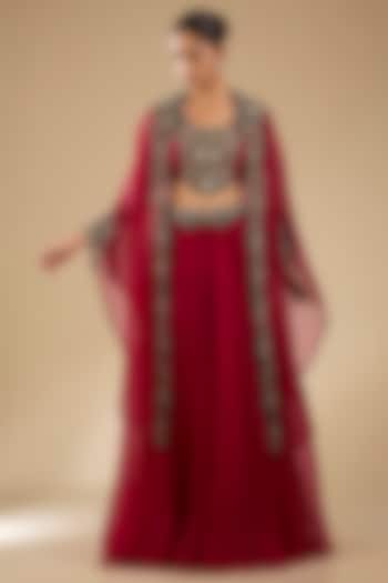 Cherry Red Organza Thread Work Cape Set by Prisho at Pernia's Pop Up Shop