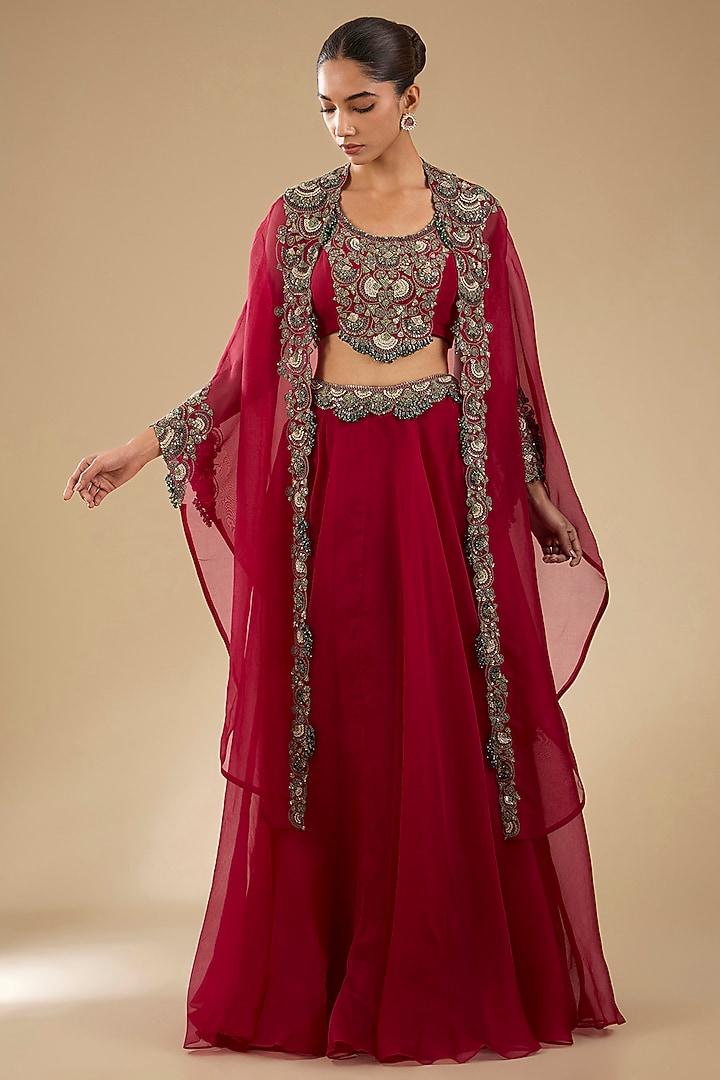 Cherry Red Organza Thread Work Cape Set by Prisho at Pernia's Pop Up Shop