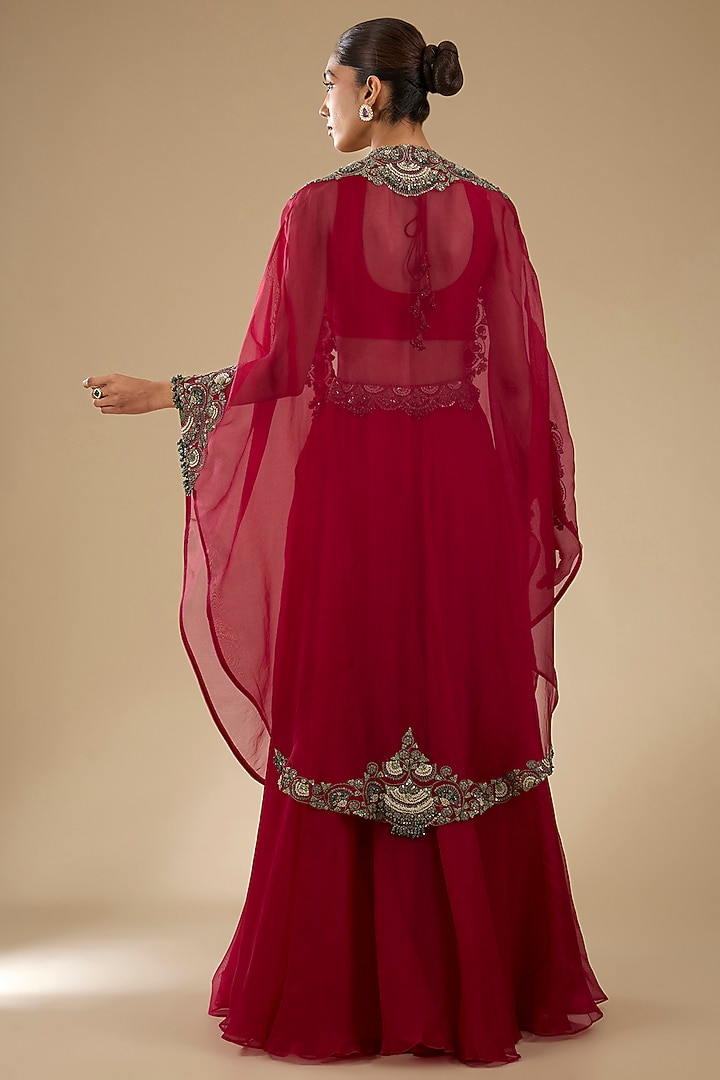 Cherry Red Organza Thread Work Cape Set by Prisho at Pernia's Pop Up Shop