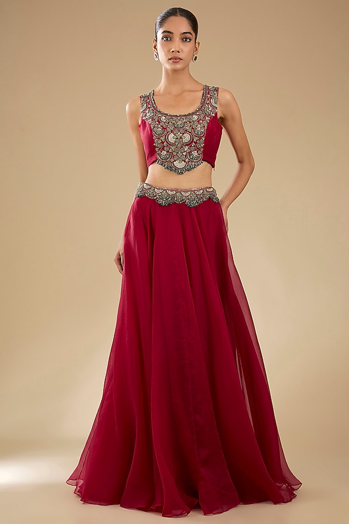 Cherry Red Organza Thread Work Cape Set by Prisho at Pernia's Pop Up Shop