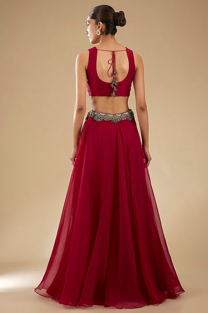 Cherry Red Organza Thread Work Cape Set by Prisho at Pernia's Pop Up Shop