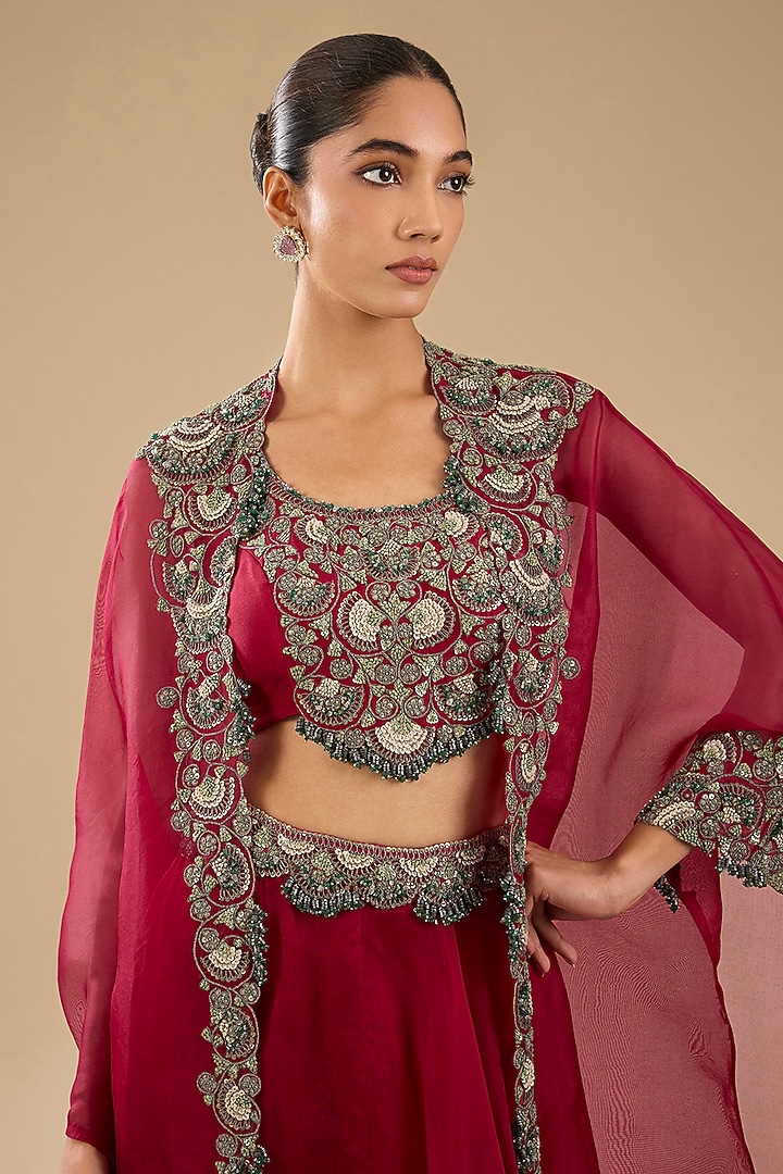 Cherry Red Organza Thread Work Cape Set by Prisho at Pernia's Pop Up Shop