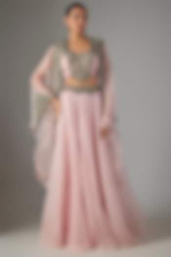 Flamingo Organza Threadwork Cape Set by Prisho at Pernia's Pop Up Shop