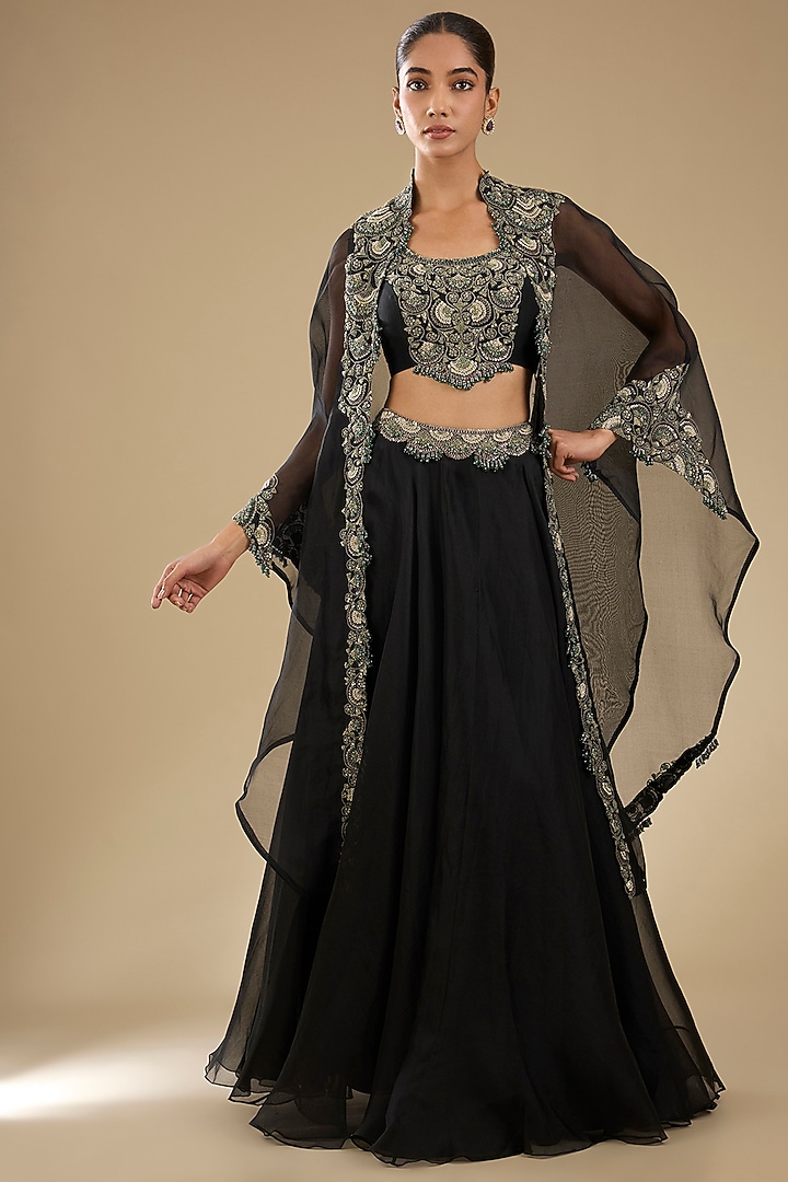 Black Organza Thread Work Cape Set by Prisho at Pernia's Pop Up Shop
