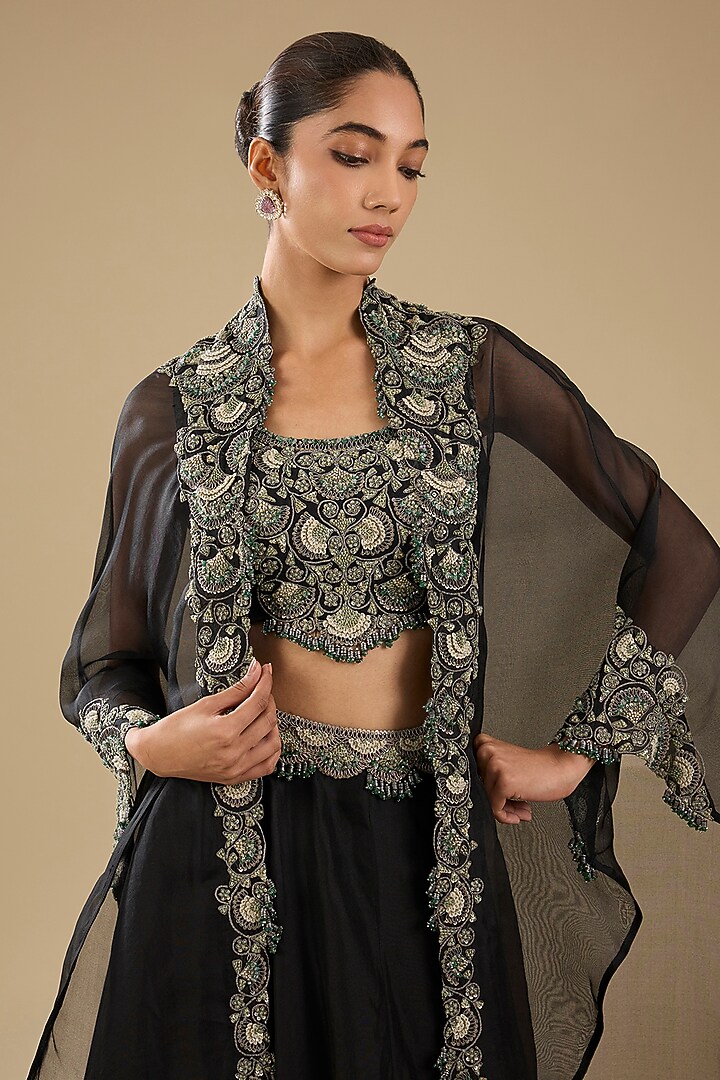 Black Organza Thread Work Cape Set by Prisho at Pernia's Pop Up Shop