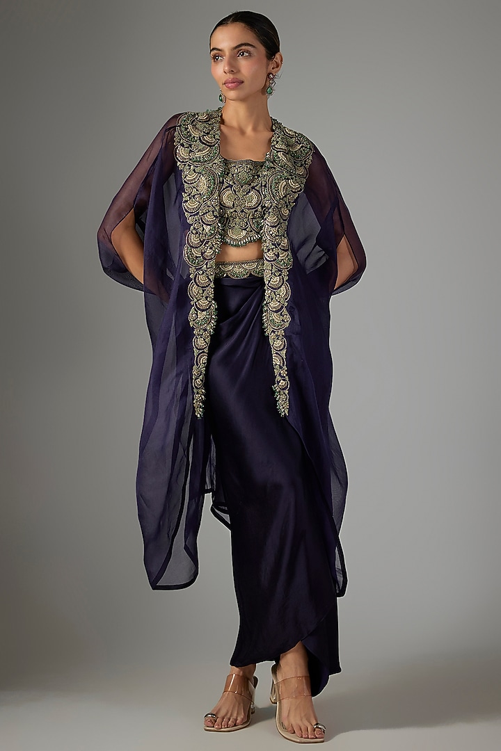 Royal Blue Organza Threadwork Cape Set by Prisho at Pernia's Pop Up Shop