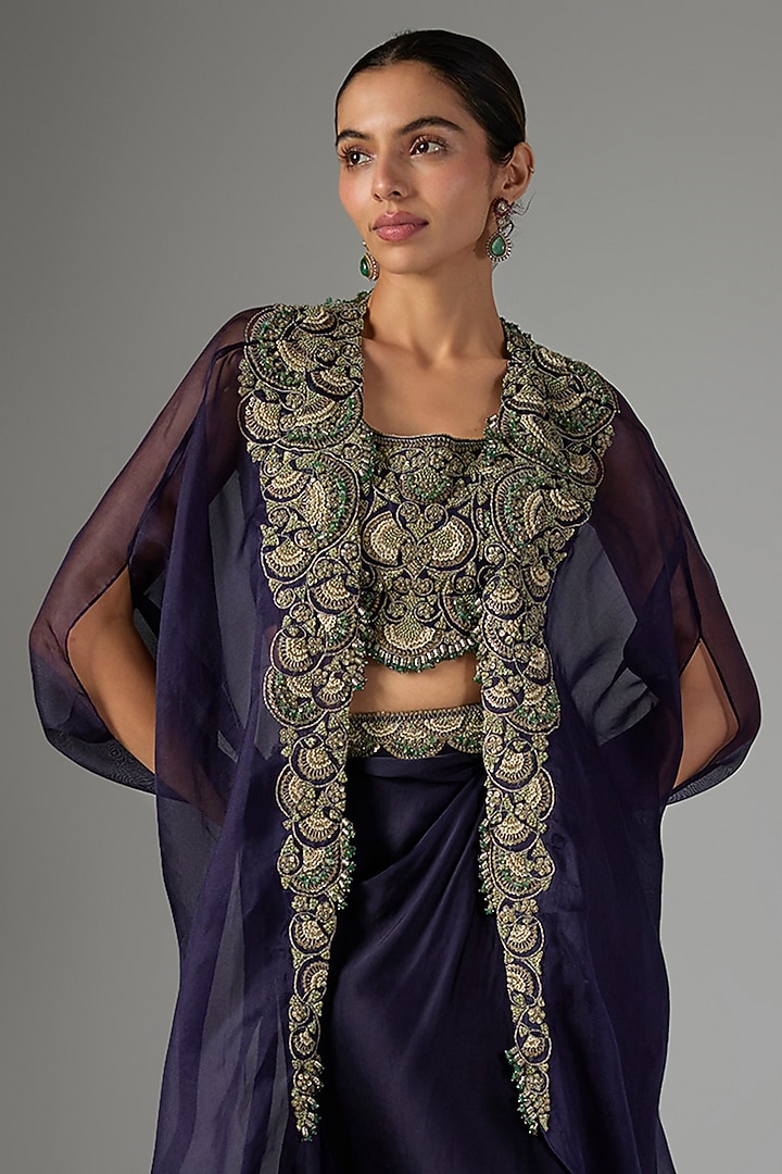 Royal Blue Organza Threadwork Cape Set by Prisho at Pernia's Pop Up Shop