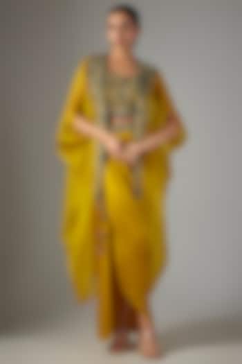 Mustard Organza Threadwork Cape Set by Prisho at Pernia's Pop Up Shop